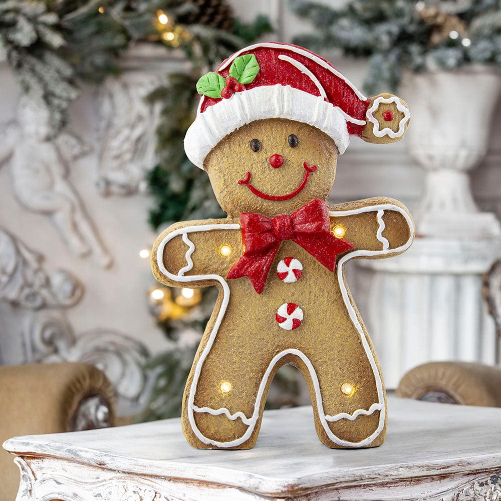 B/O LED Iced Gingerbread Ceramic Statue with Timer Asst