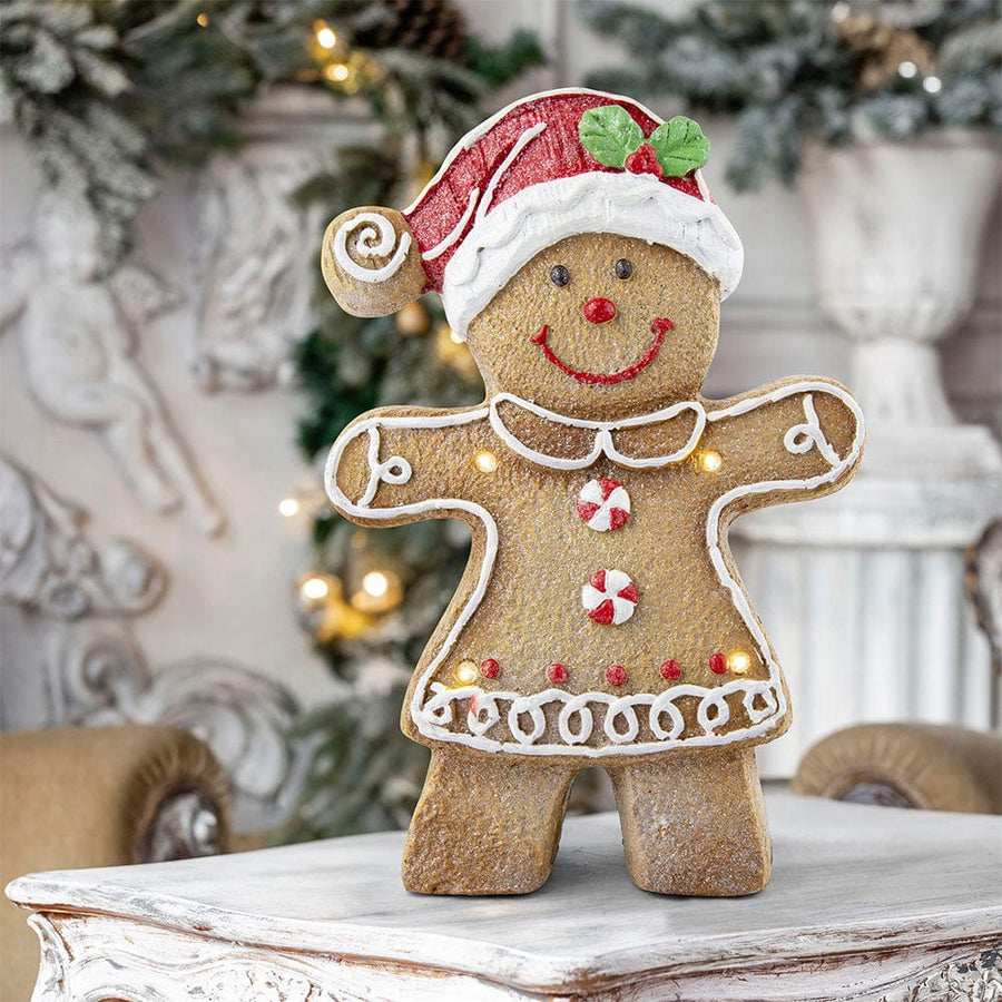 B/O LED Iced Gingerbread Ceramic Statue with Timer Asst