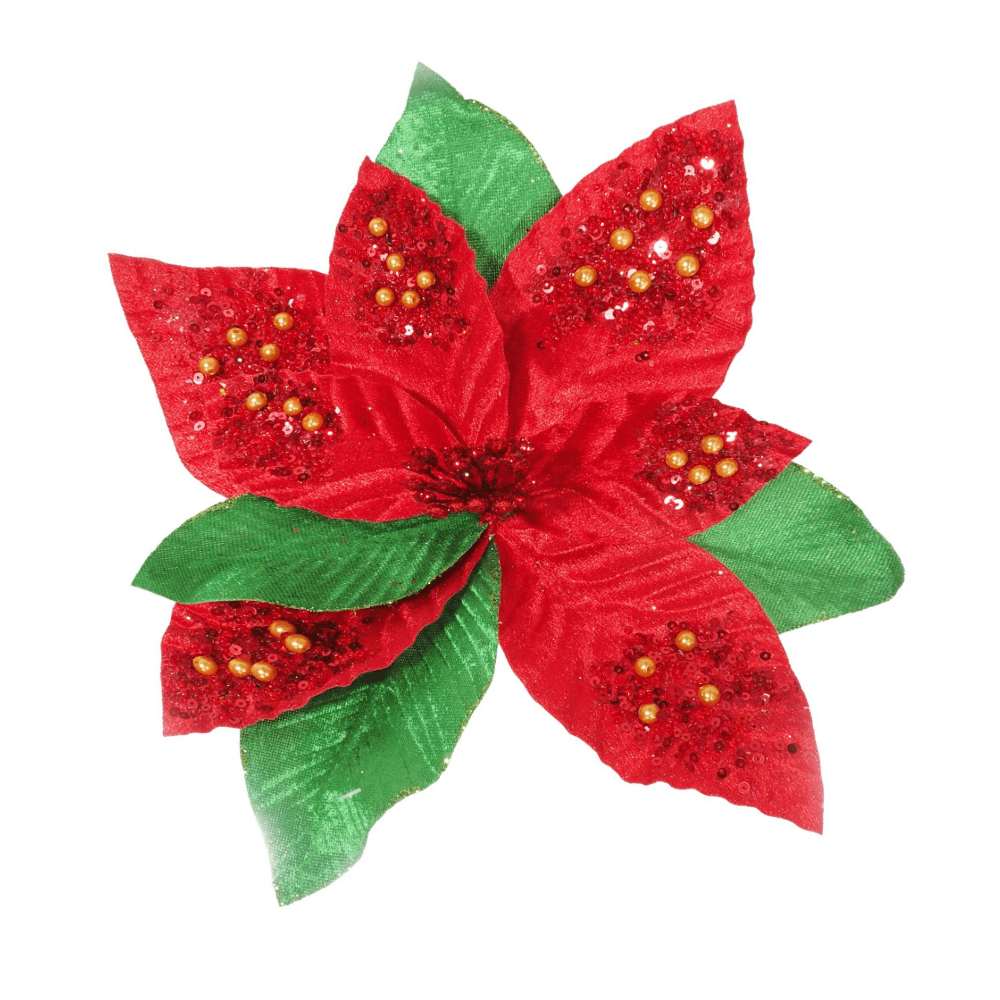 Red and GreenVelvet Poinsettia Clip Asst